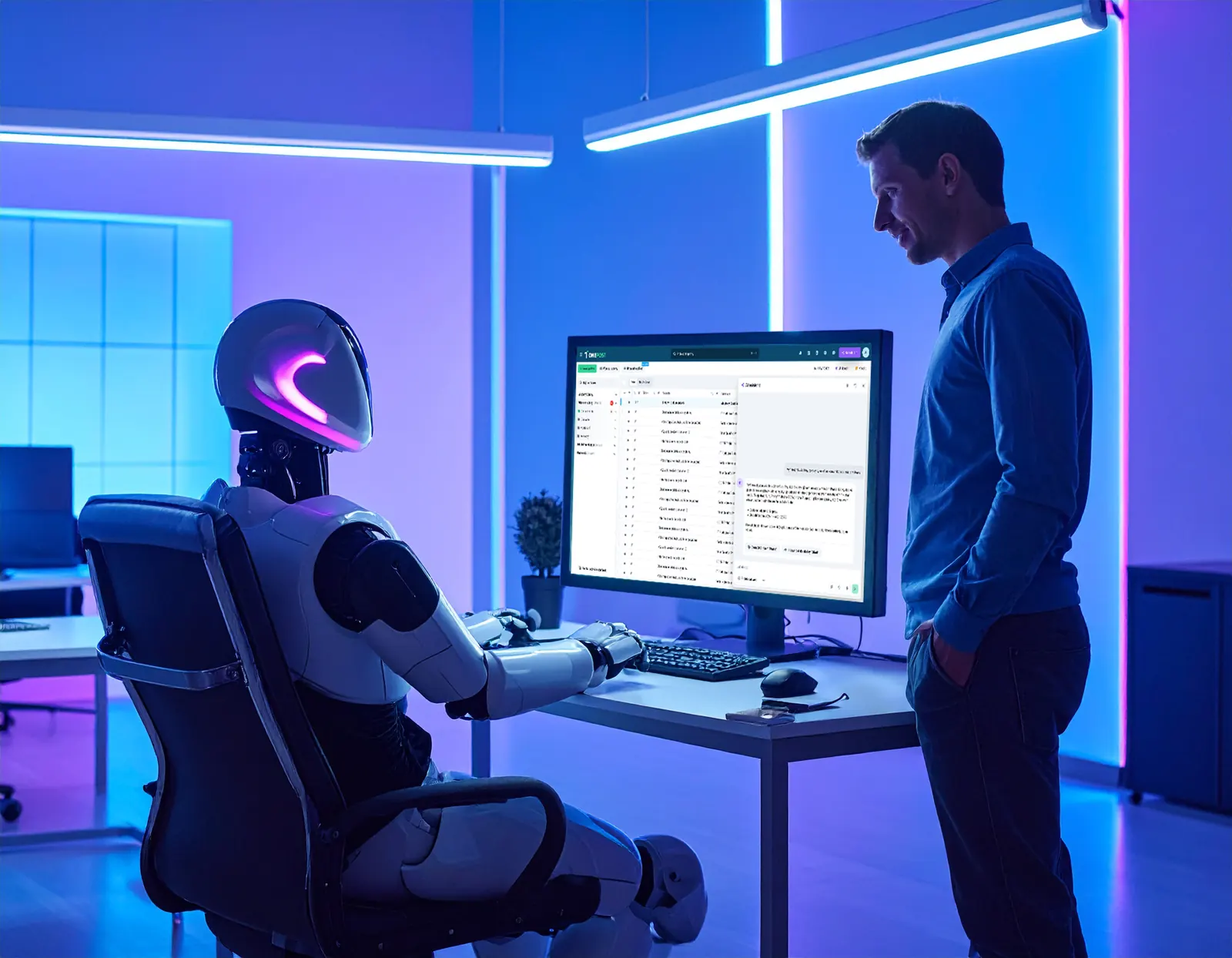 Robot s umělou inteligencí pracuje u počítače v moderní kanceláři